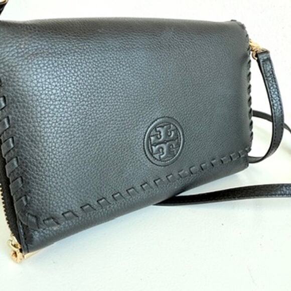 TORY BURCH Marion Flat Wallet Crossbody Bag Black Leather Gold Hardware - Picture 1 of 12